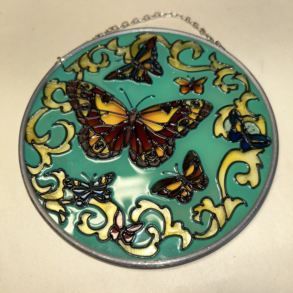 Butterfly Sun Catcher Stained Glass Monarch Butterflies Purple Flowers